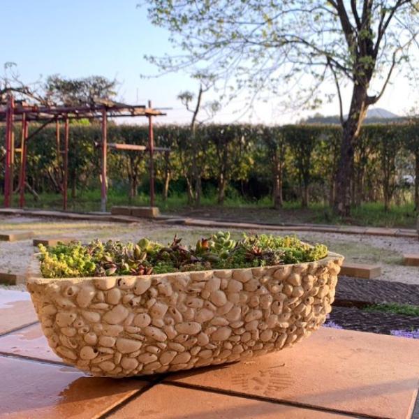 ★新春クリアランスSALE！★ ストーン柄プランター 穴付き 屋外 だ円型 アンティーク おしゃれ ...