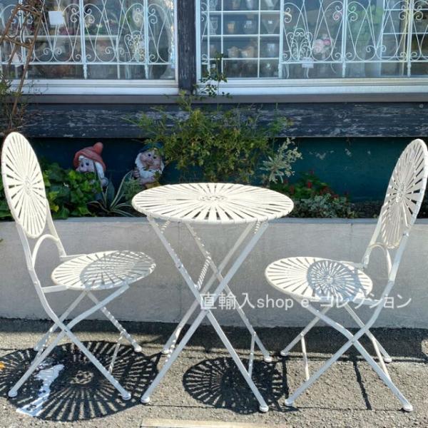 ★新春クリアランスSALE！★ 直径cm ホワイトアイアン ガーデンテーブル＆チェア 3点セット 北...