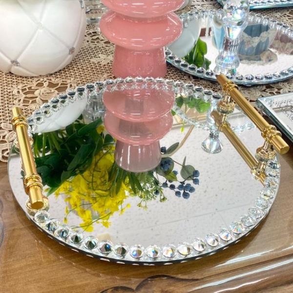 ★新春クリアランスSALE！★ 直径30cm ハンドル付き ミラートレイ 鏡トレイ アクセ 整理 整...