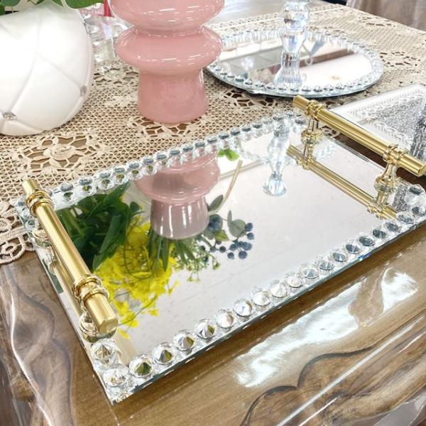 ★新春クリアランスSALE！★ 幅30cm長方形 直径30cm丸 ハンドル付き ミラートレイ 鏡トレ...