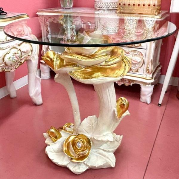 ★新春クリアランスSALE！★ 直径65cm 高さ63cm ロココ 薔薇の ガラス テーブルサイドテ...