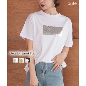 レディース トップス Tシャツ オーバー箔 プリント Tee プルオーバー クルーネック 半袖 オーバーサイズ ゆったり pufe ピュフェ