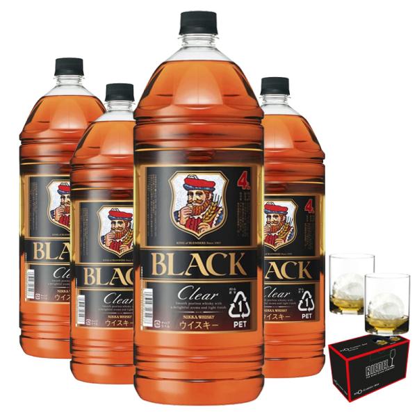 ブラック ニッカ クリア 37度 4L×4本 ＋リーデルＨ２Ｏクラシックバー ウイスキー ４１４／2...