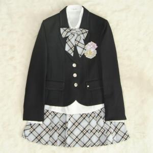 アウトレット　女児ジュニアフォーマルスーツ5点セット　紺　シルバー三つ釦　黒水色ピンクチェックスカート　１６５cm　ELLEブランド