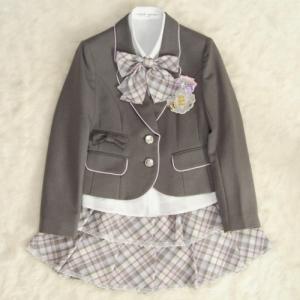 アウトレット　女児ジュニアフォーマルスーツ5点セット　グレー　ピンクパイピング使い　シルバー二つ釦　スカート2段フリル　１６５cm