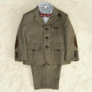 アウトレット　男の子スーツ４点セット　茶色　シャツカラーチェック　三つ釦タイプ　ハーフパンツセット　１００cm