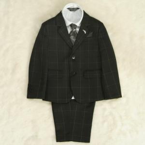 アウトレット　男の子スーツ５点セット　100cm～130cm　チャコール　シャツカラー白　二つ釦タイプ　チェックハーフパンツ　ミチコロンドン