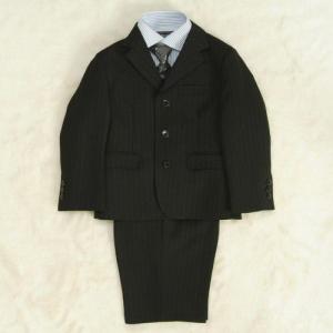 アウトレット　男の子スーツ５点セット　チャコールグレー　シャツカラーストライプ　三ツ釦　ハーフパンツタイプ　１１０cm