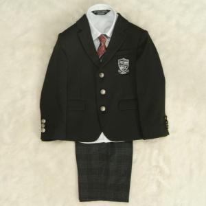 アウトレット　男の子スーツ５点セット　100cm～130cm　黒　シャツカラー白　三つ釦タイプ　チェックハーフパンツ　ミチコロンドン