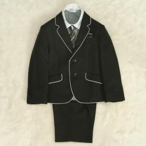 アウトレット　男の子スーツ５点セット　100cm～130cm　　黒パイピング　シャツ衿袖クレリック　二つ釦タイプ　ハーフパンツセット