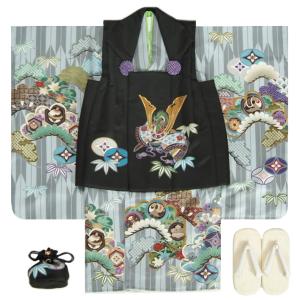 七五三 男の子 3歳 被布着物セット 濃淡グレー地 矢絣 絵羽柄 被布黒色 白半襟に足袋付きセット 日本製