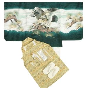 七五三 着物 5歳 男児着物袴セット 濃緑色 鷹 富士山 金糸刺繍 宝尽くし地紋生地 金襴紋袴 ５歳用 12点セット 足袋付きセット