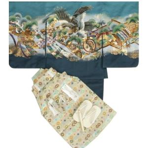 七五三着物5歳　袴セット　鷹　ブルー羽織　紺地着物　松竹梅　ベージュ金襴袴　５歳用　１２点セット　足袋付きセット