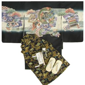 七五三 着物 5歳 男の子 着物袴セット 龍 黒地羽織 黒地着物 濃紺紋袴 12点セット 足袋付きセット
