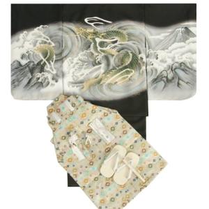 七五三 男の子 5歳 男児着物袴セット 黒地羽織 黒地着物 龍 金糸刺繍使い ベージュ金襴紋袴 １２点セット 足袋付きセット