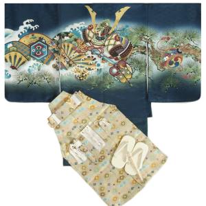 七五三 着物 男の子 5歳 羽織着物袴セット 紺 兜 刺繍使い 水車（みずぐるま） ベージュ紋袴 12点セット 足袋付きセット