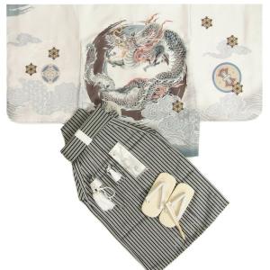 七五三 着物 5歳 男の子 男児 着物袴セット 龍紋 オフホワイト色羽織 クリーム地着物 黒縞袴 12点セット 足袋付きセット