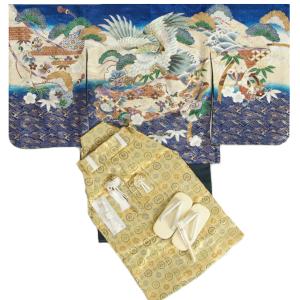 七五三 着物 5歳 男児着物袴セット 濃青色 鷹 金糸刺繍 宝尽くし地紋生地 金襴紋袴 12点セット 足袋付きセット