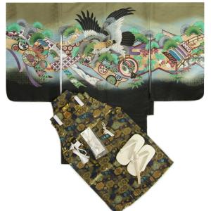 七五三 着物 男の子 5歳 羽織着物袴セット 緑色 鷹 刺繍使い 宝尽くし 濃紺紋袴 12点セット 足袋付きセット