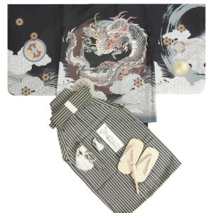 七五三 着物 5歳 男の子 男児 着物袴セット 龍紋 墨黒色羽織 黒地着物 黒縞袴 12点セット 足袋付きセット