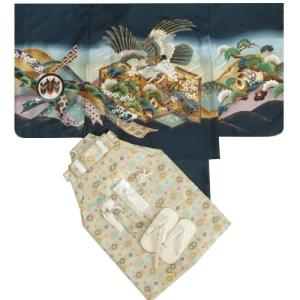 七五三　着物　男の子　羽織着物袴セット　紺　鷹　金屏風　ベージュ紋袴　５歳用　　１２点セット　足袋付きセット