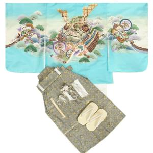 七五三 男の子 5歳 男児着物袴セット 水色地羽織 白地着物 兜 グレー金華紋袴 ５歳 １２点セット 足袋付きセット