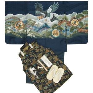 七五三 着物 男の子 5歳 羽織着物紋袴セット 鷹 富士山 紺地羽織着物 濃紺紋袴 １２点セット 足袋付きセット