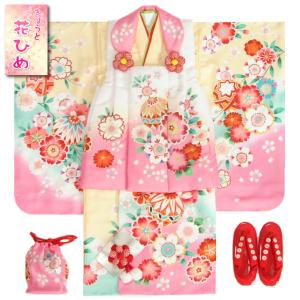 七五三 着物 3歳 女の子 被布セット 京都花ひめ 絵羽柄 黄色ピンク染め分け 被布白ピンク切替 二段重ね衿 刺繍半衿に足袋付きセット