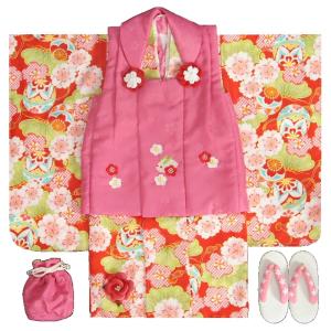 七五三 着物 3歳 女の子 被布セット 小町kids（小町キッズ）ブランド 赤地色着物 被布チェリーピンク 刺繍使い 八重桜 刺繍半衿に足袋付きフルセット