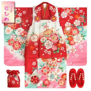 七五三 着物 3歳 女の子 被布セット 京都花ひめ 絵羽柄 赤地色 被布白赤色染め分け 桜柄 刺繍半衿に足袋付きセット