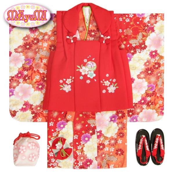 七五三 着物 被布セット 3歳 女の子 マユミブランド 朱赤染め分け 被布赤色 刺繍桜 芍薬 刺繍半...