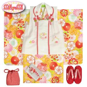 七五三 着物 3歳 女の子被布セット マユミブランド 山吹色 捻り梅 被布刺繍使い白色 雛祭り 正月 足袋付フルセット