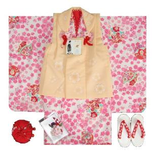 七五三 着物 三歳 女の子 被布セット 花夢二 白地 ピンク 被布オレンジ 桜 金彩 足袋付セット　　　