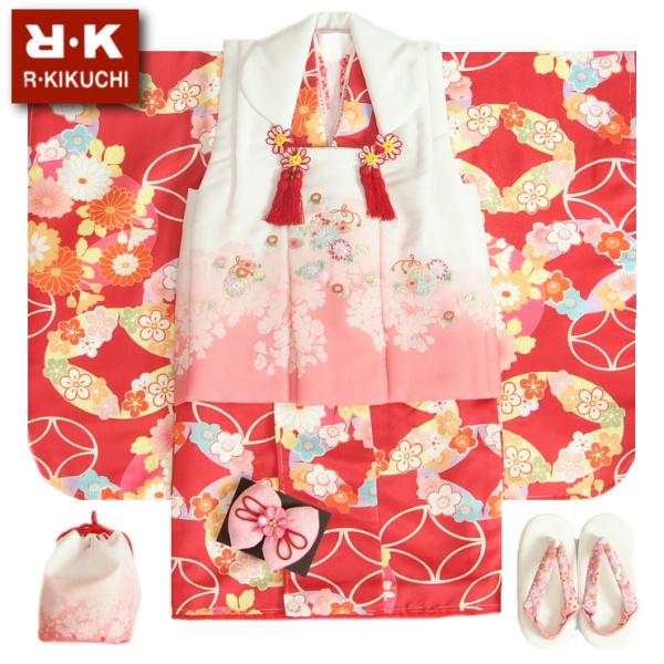 七五三 着物 3歳 女の子 被布セット リョウコキクチ 赤色地 七宝桜菊文様 刺繍使い 被布白ピンク...