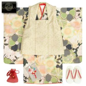 七五三 着物 3歳 女の子 被布セット 式部浪漫KAGURA（かぐら）ブランド 緑 百花 被布黄緑麻の葉柄 雛祭り 正月 足袋付セット 日本製