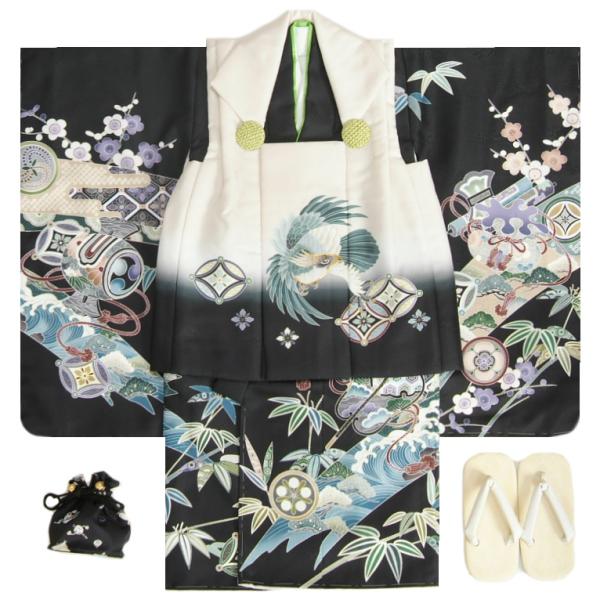 七五三 男の子 3歳 被布着物セット 黒地 鷹 松竹梅 絵羽柄 被布ベージュ黒染め分け 白半襟に足袋...