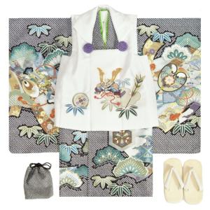 七五三 男の子 3歳 被布着物セット 黒地疋田 絵羽柄 被布白色 白半襟に足袋付きセット 日本製