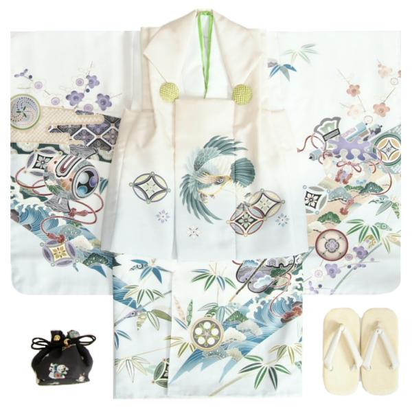 七五三 男の子 3歳 被布着物セット 白地 鷹 松竹梅 絵羽柄 被布淡ベージュシルバー染め分け 白半...