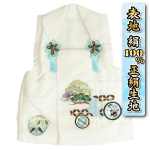 七五三 3歳 着物 男の子 正絹 被布単品 白 荒枝松 手描き 金駒刺繍 吹雪地紋生地