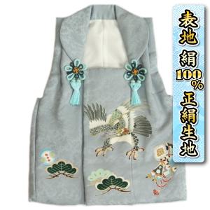七五三 3歳 着物 男の子 正絹 被布単品 グレー色 鷹 手描き 金糸刺繍 吹雪地紋生地