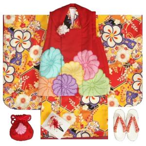七五三着物3歳　女の子被布セット　九重ブランド　藤田彩華×HINARI　橙　捻り梅　赤地色被布　足袋付セット　サヤ地紋生地　日本製