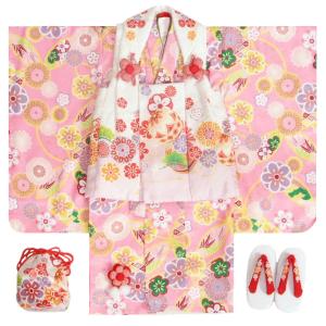 七五三 着物 3歳 女の子 被布セット 麗蘭ブランド ラベンダーピンク地着物 被布白ラベンダー染め分け 菊 梅桜 まり 足袋付きセット