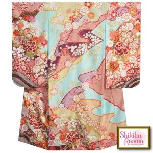 七五三 着物 7歳 女の子 四つ身着物 式部浪漫 水色地 華尽くし 金糸刺繍 疋田友禅柄 日本製