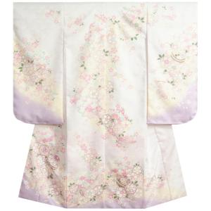七五三 着物 7歳 女の子 四つ身着物 京都花ひめブランド 濃淡パープル色 絵羽柄 八重桜 まり 金彩 紗綾華本地紋生地 日本製