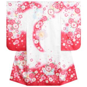 七五三 着物 7歳 女の子 白ピンク赤染め分け着物  桜 牡丹 流れぼかし 地紋生地