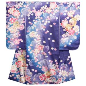 七五三 着物 7歳 女の子 四つ身着物 濃淡青紫色ぼかし流れ染め 重ね桜 日本製