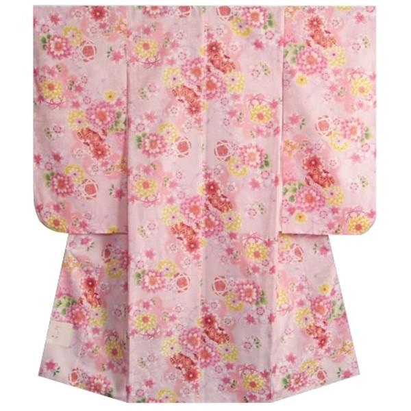 七五三 着物 7歳 女の子 四つ身着物 ピンク色 桜 牡丹菊 桜地紋　