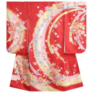 七五三 着物 7歳 女の子 四つ身着物 赤色地三色ぼかし染め 桜 まり サヤ地紋