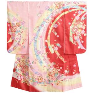 七五三 着物 7歳 女の子 四つ身着物 ピンク色地三色ぼかし染め 桜 まり サヤ地紋