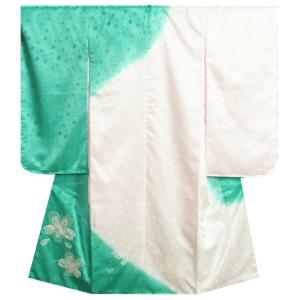 七五三 着物 7歳 女の子 四つ身着物 白地エメラルドグリーン色染め分け 銀駒刺繍 桜 吹雪桜地紋 日本製